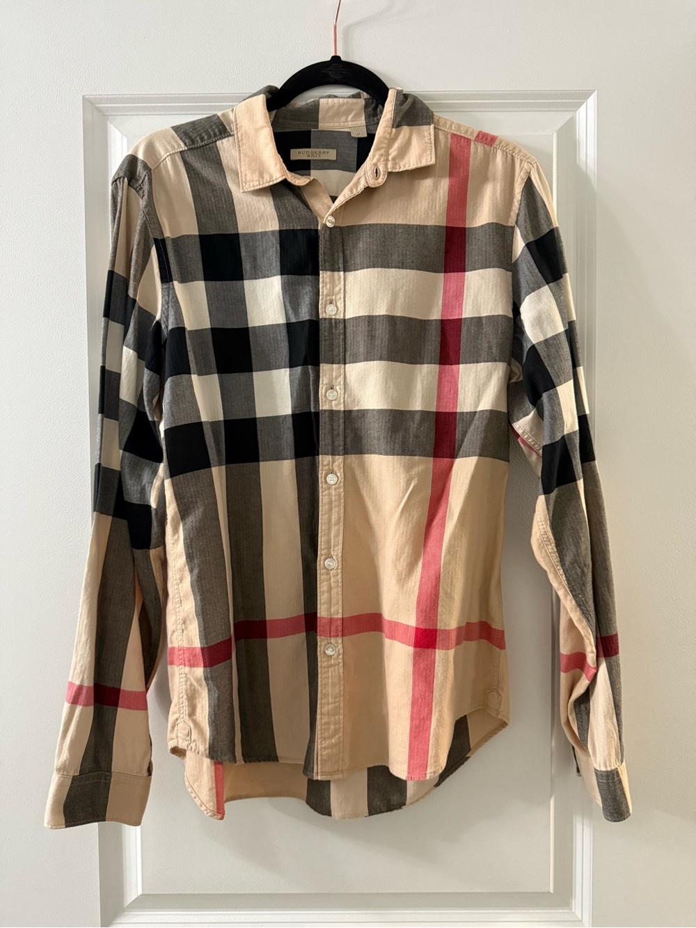 Burberry Beige Plaid Button-Down Shirt with Black & Red Accents
